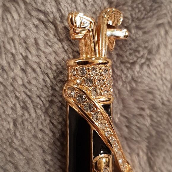 Swarovski Crystal Swan Black and Gold Golf Club Pin Brooch Lapel - Picture 4 of 9